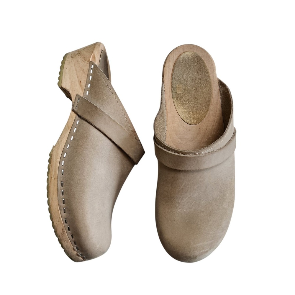 Lotta From Stockholm Classic Taupe Leather Wooden Clogs Made in Sweden Size 38